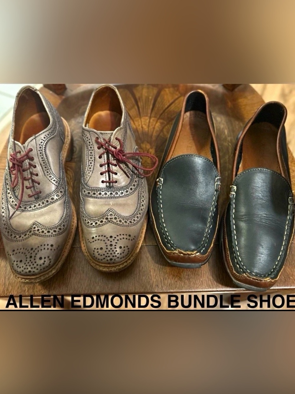 Allen Edmonds Men's Brown Wingtip Brogues and Black Leather Loafers Bundle 9&7.5